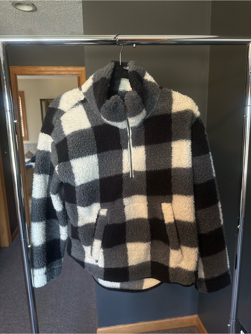 Old Navy Black & White Buffalo Plaid Sherpa Half-Zip Pullover